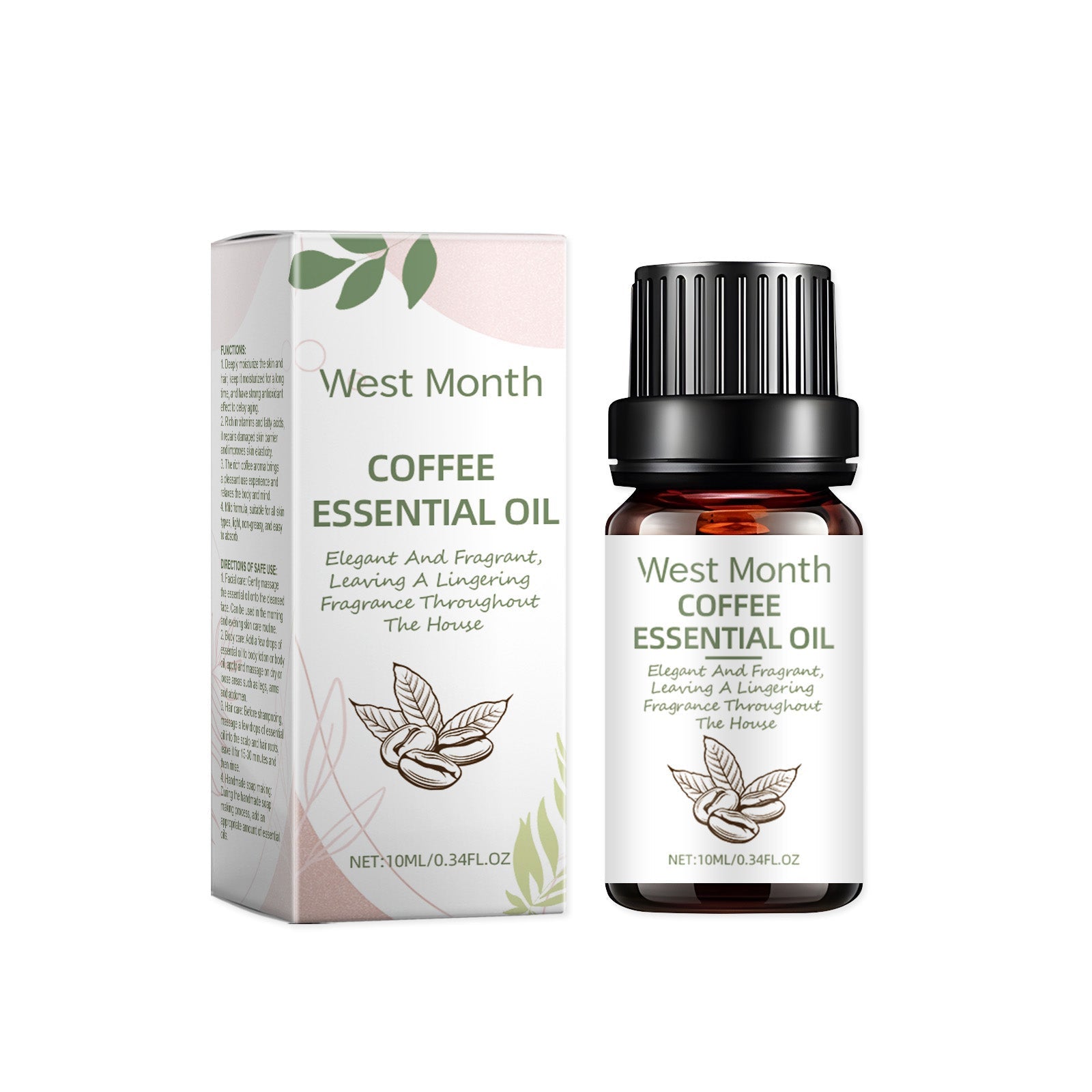 West Month Coffee Essential Oil bottle and box displayed side-by-side against white background