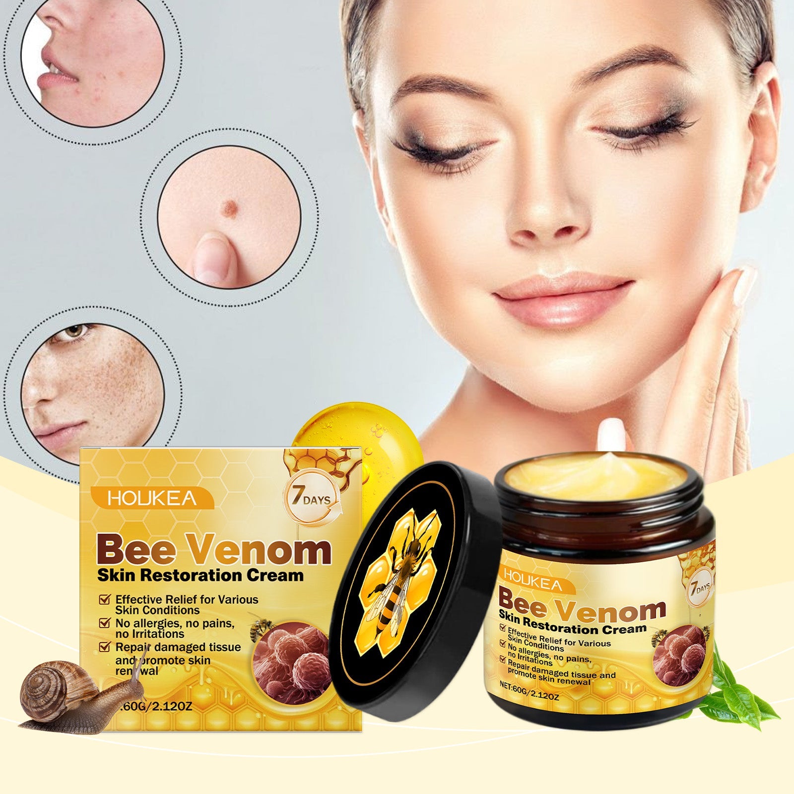 Product showcase with before/after skin condition circles showing acne, spots, and redness transformed to clear skin; jar and packaging displayed with ingredients