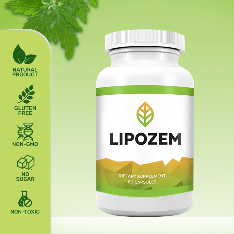 LIPOZEM bottle on lime green background with certification badges on left sidebar