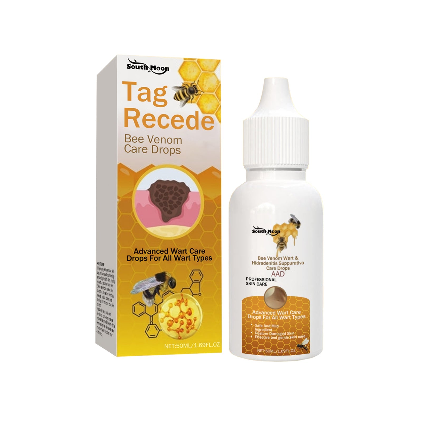 South Moon TagRecede Bee Venom Care Drops product shot showing colorful honeycomb-themed packaging box and white dropper bottle side by side