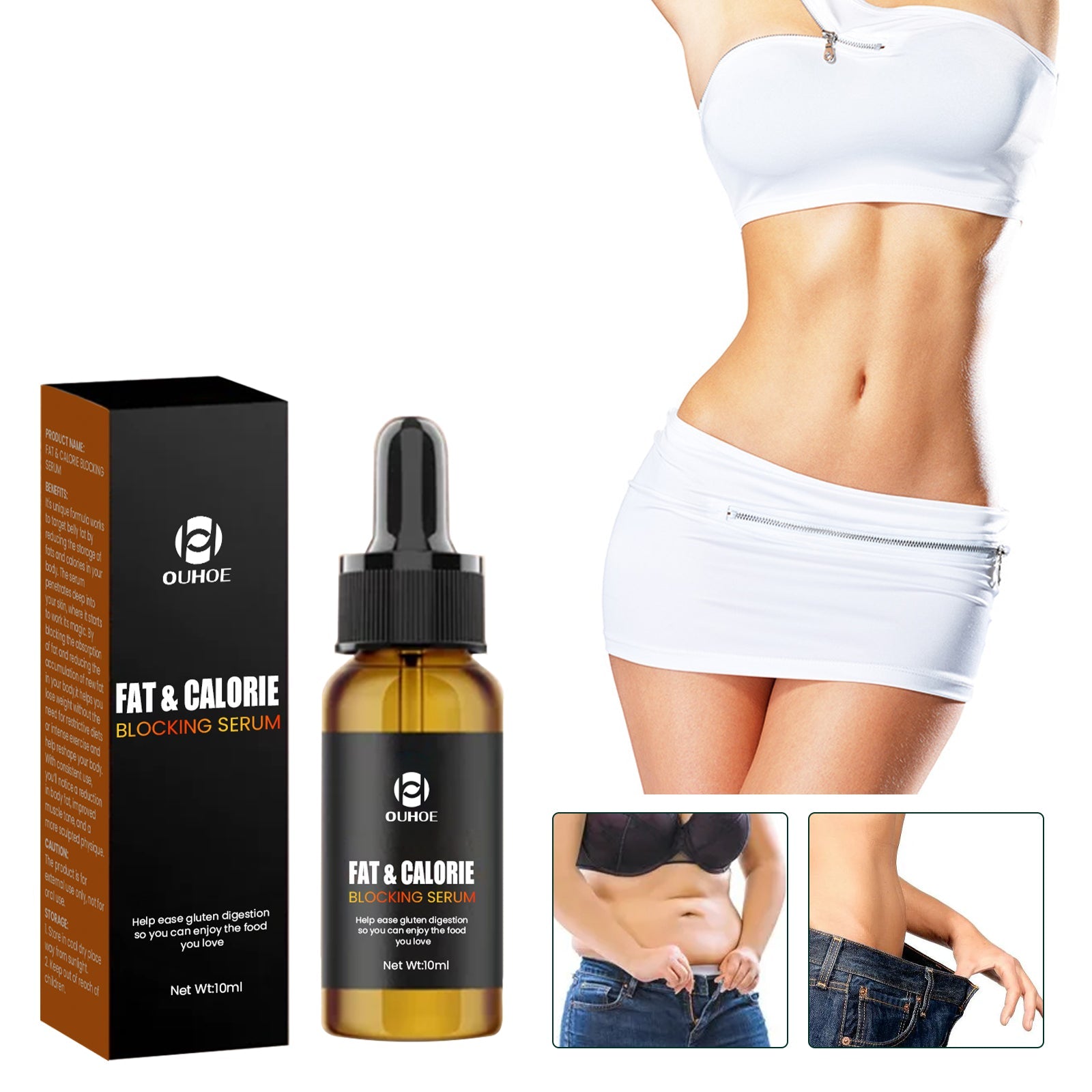 Product packaging and bottle with lifestyle result showing toned female abdomen in white crop top and matching bottoms