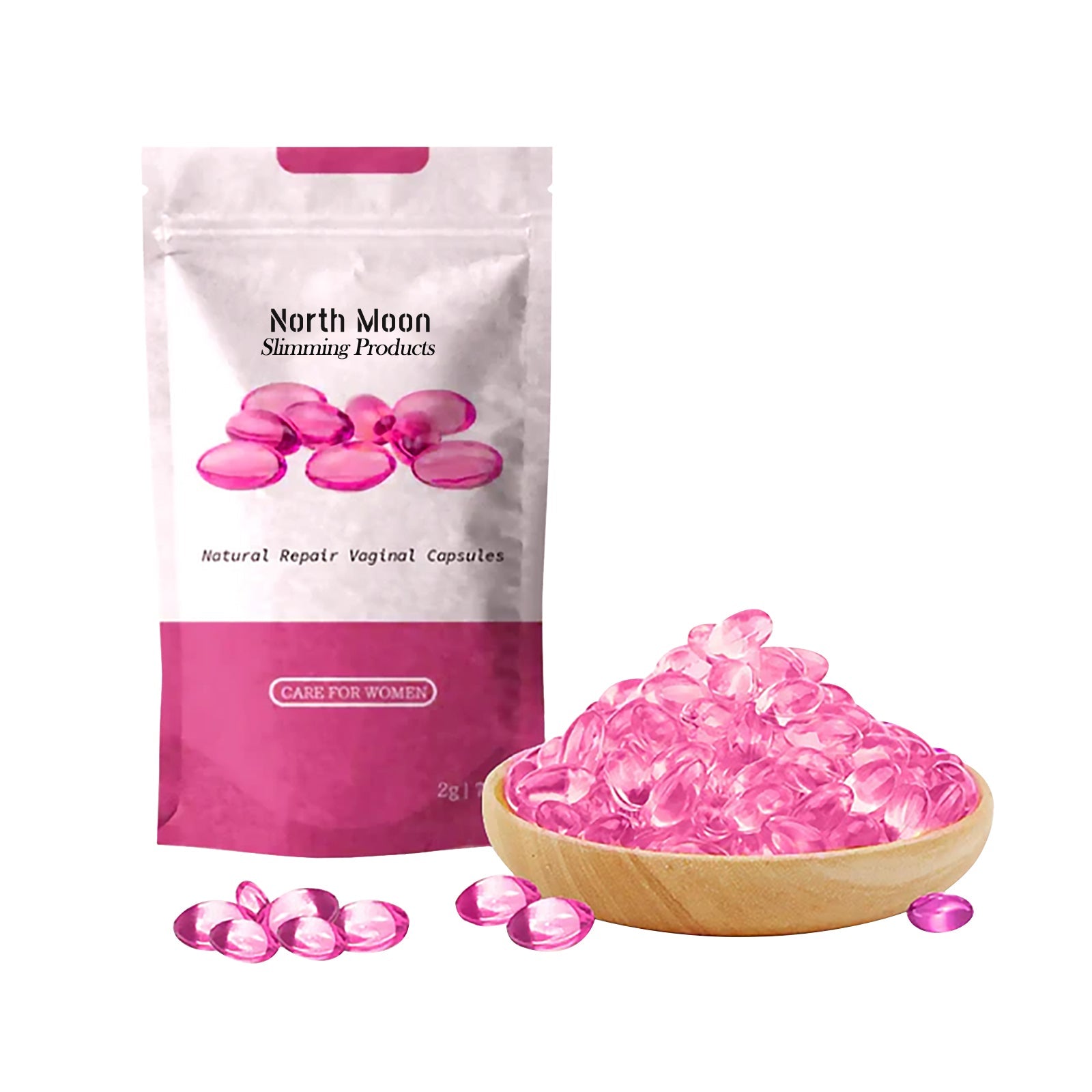 North Moon Slimming Products Natural Repair Vaginal Capsules packaging with pink gel capsules in wooden serving bowl