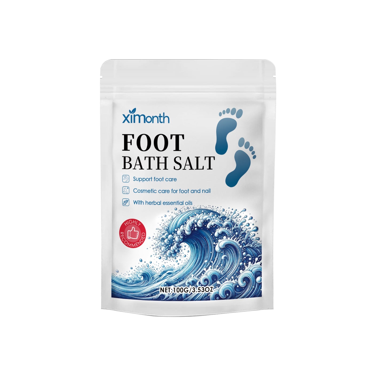 Ximonth Foot Bath Salt pouch on white background showing full packaging with branding, benefits, and net weight