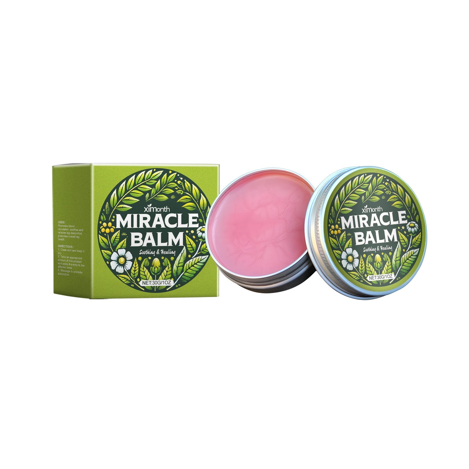 Ximonth Miracle Balm leg care cream with packaging and open product tins displayed