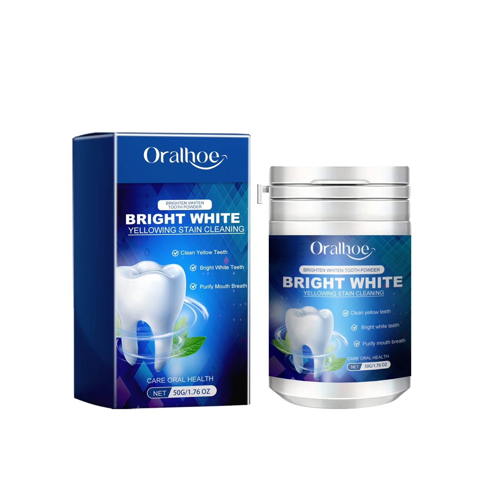 Oralhoe Bright White Tooth Powder packaging and product jar displayed together