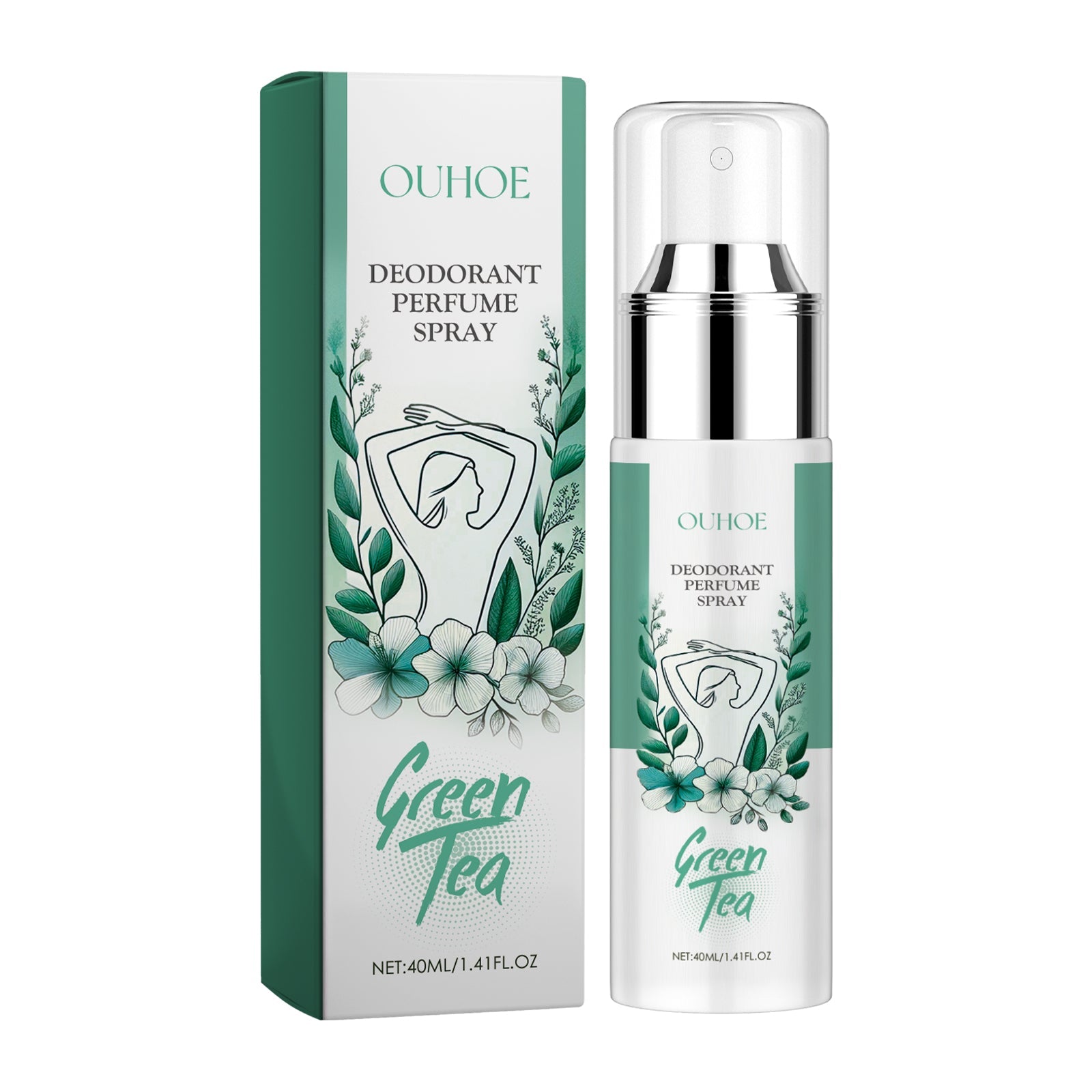 Product packaging and bottle shown side by side - OUHOE branded box with green tea illustration and matching spray bottle with chrome pump