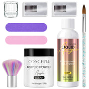 Flat-lay product overview showing all components: clear glass dappen dish, silver nail forms, acrylic powder jar, liquid bottle, rainbow and detail brushes, color swatches