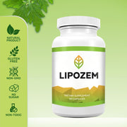LIPOZEM bottle on lime green background with certification badges on left sidebar