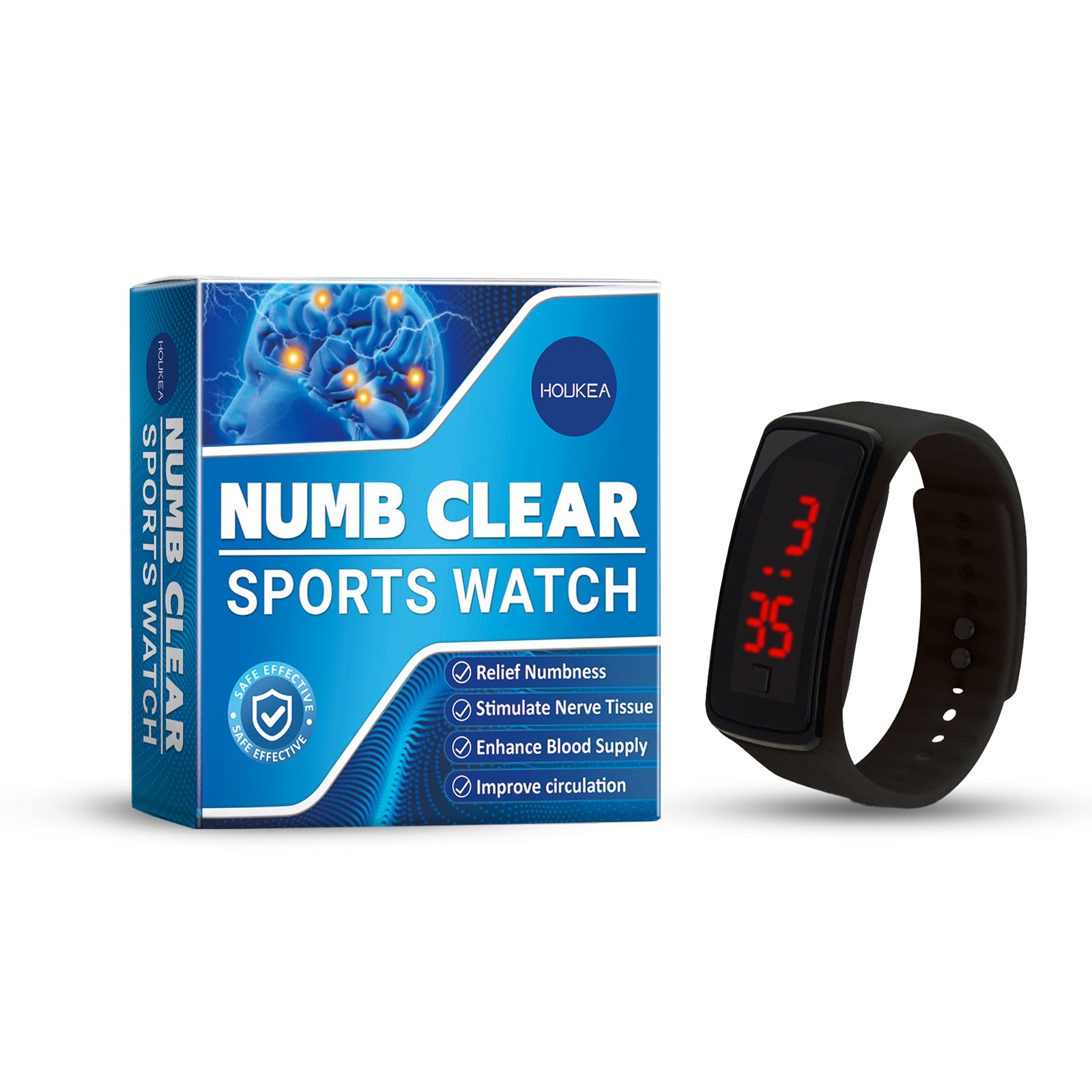 Numb Clear Sports Watch packaging and device front view