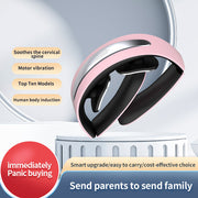 Pink and black foldable cervical massager displayed with key benefits highlighted in beige labels