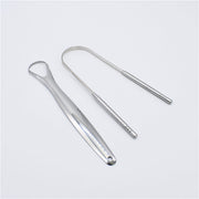 Two stainless steel tongue scrapers displayed side by side showing different sizes