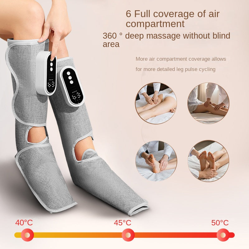 Woman wearing grey leg massager demonstrating 360° air compartment coverage with digital controls visible on both units