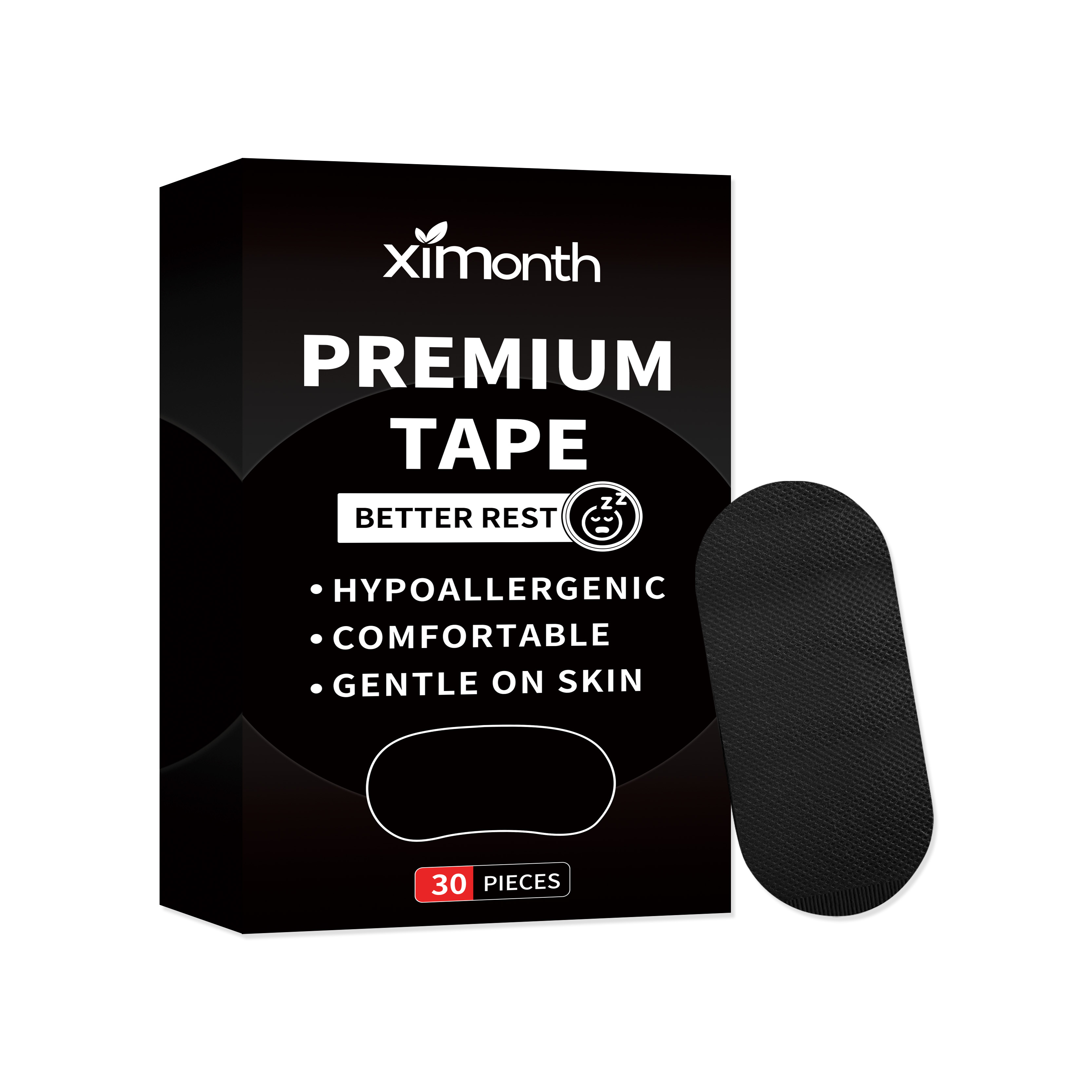 Black box packaging with white text 'PREMIUM TAPE BETTER REST' and single black patch displayed