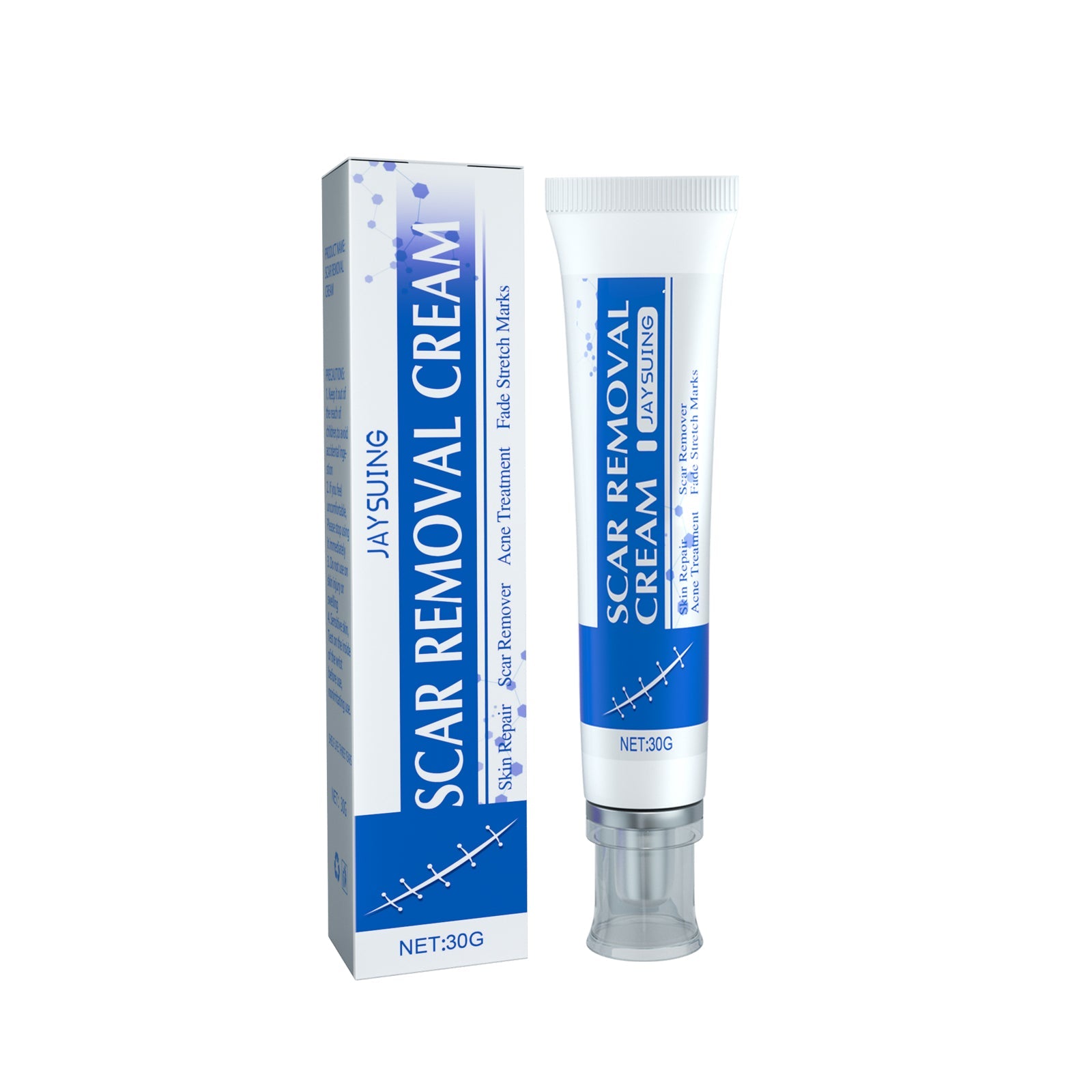 Product shot showing Jaysuing Scar Removal Cream tube with packaging box against white background