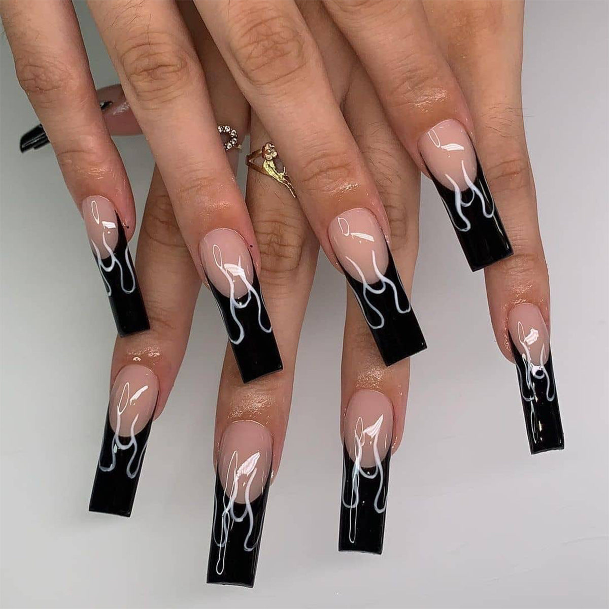 Black French Flame False Nails | Salon-Style Nail Art
