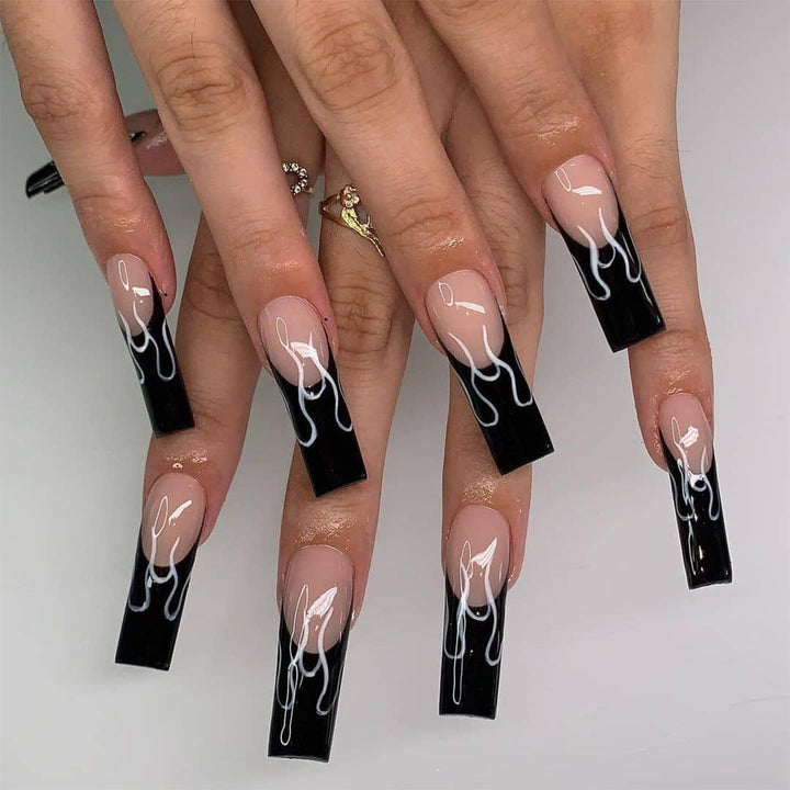 Black French Flame False Nails | Salon-Style Nail Art