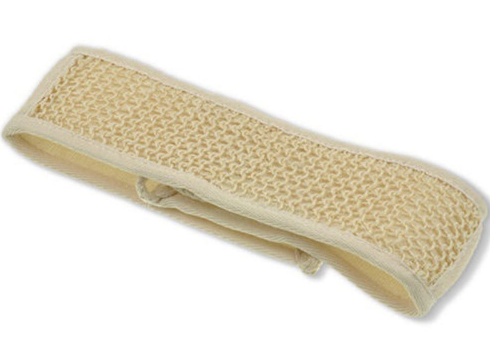 Close-up of the folded natural sisal exfoliating back strap showing textured scrubbing surface