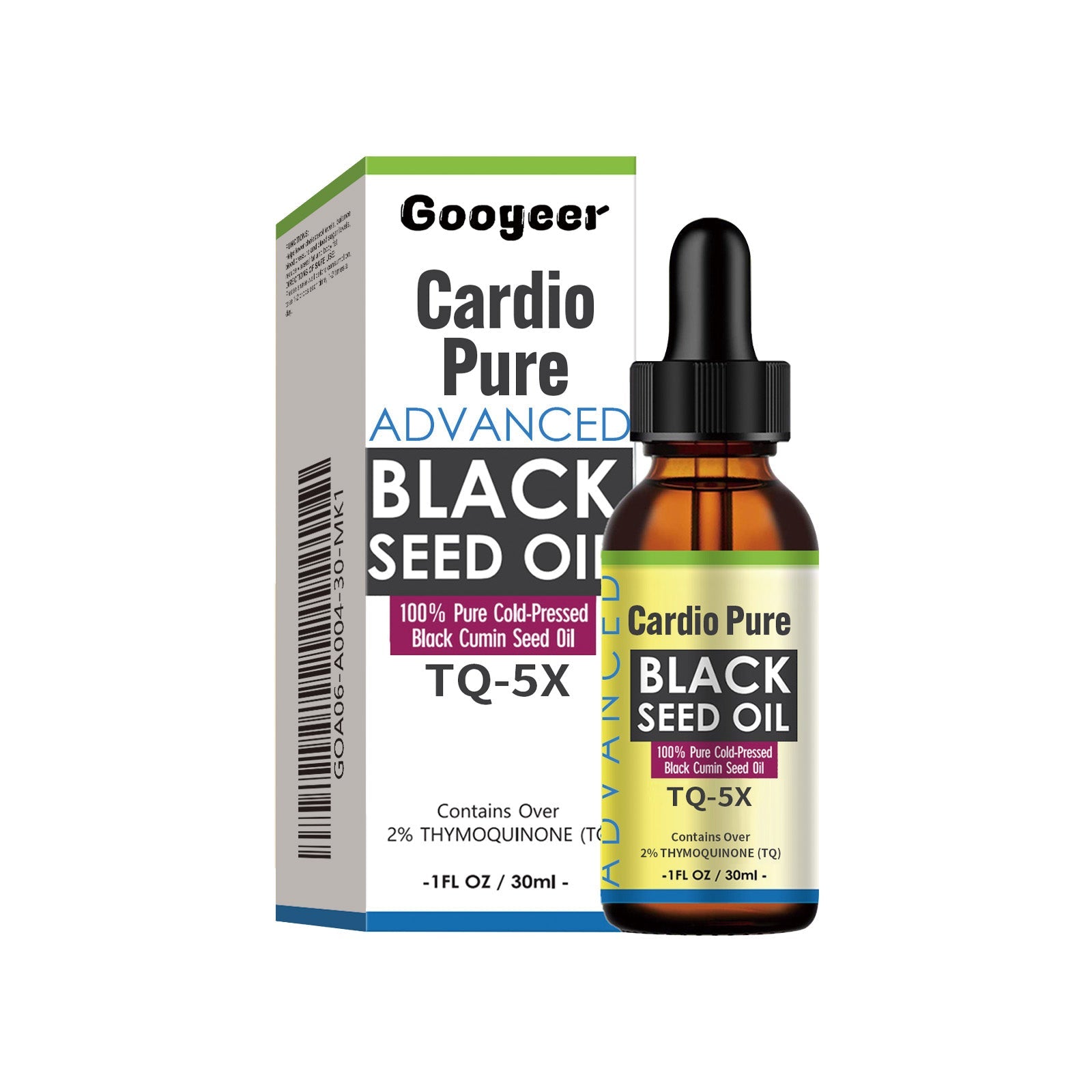 Googeer Cardio Pure black seed oil bottle and white box packaging displayed together against white background