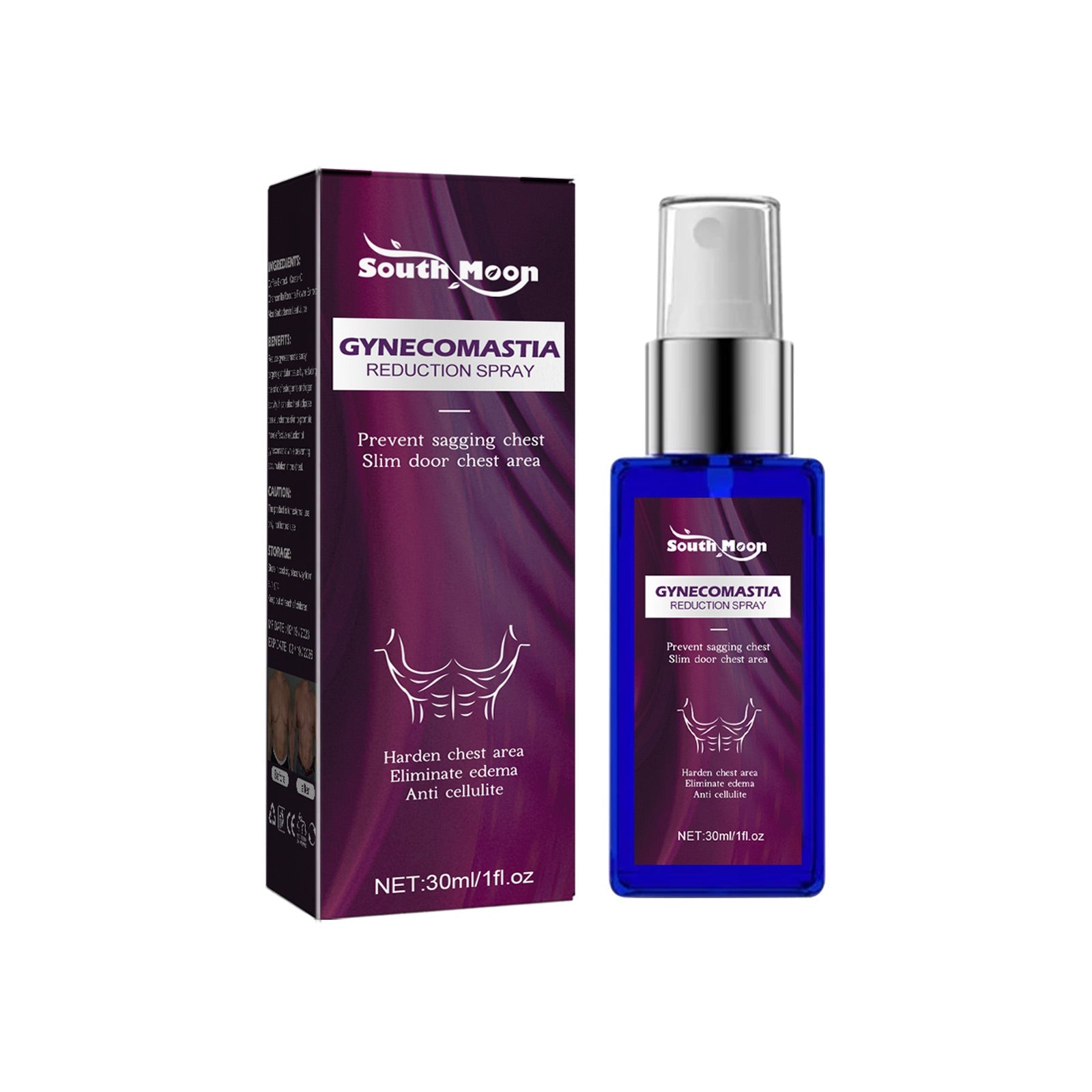 Product packaging and bottle displayed together - purple box with South Moon branding and cobalt spray bottle