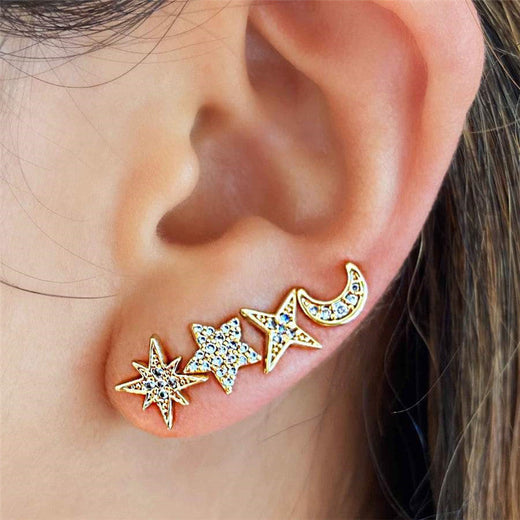 Celestial Earring Stud Set — 4-Piece S925 Silver & CZ Ear