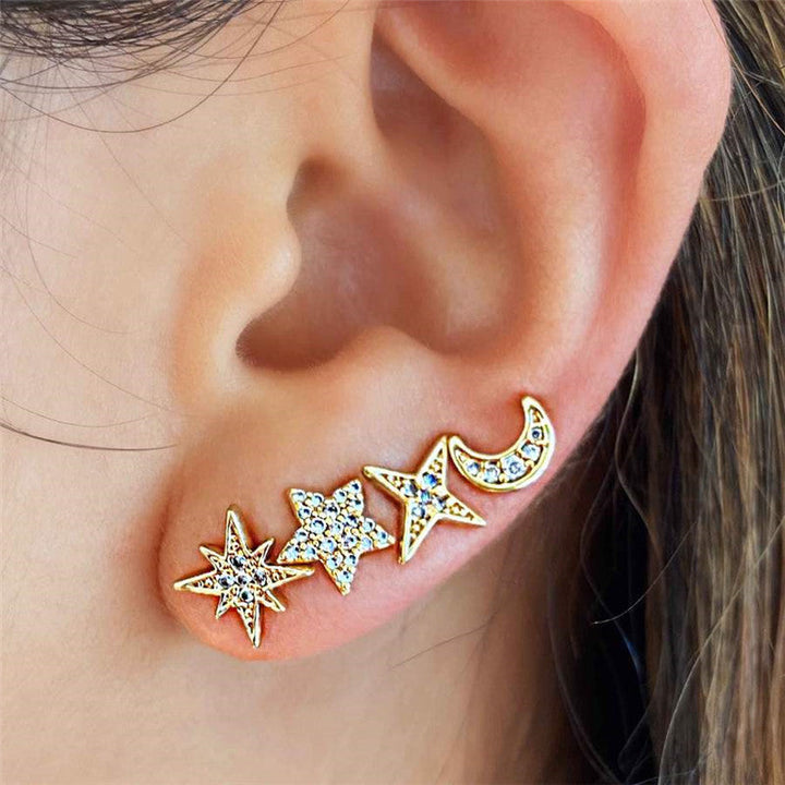 Celestial Earring Stud Set — 4-Piece S925 Silver & CZ Ear