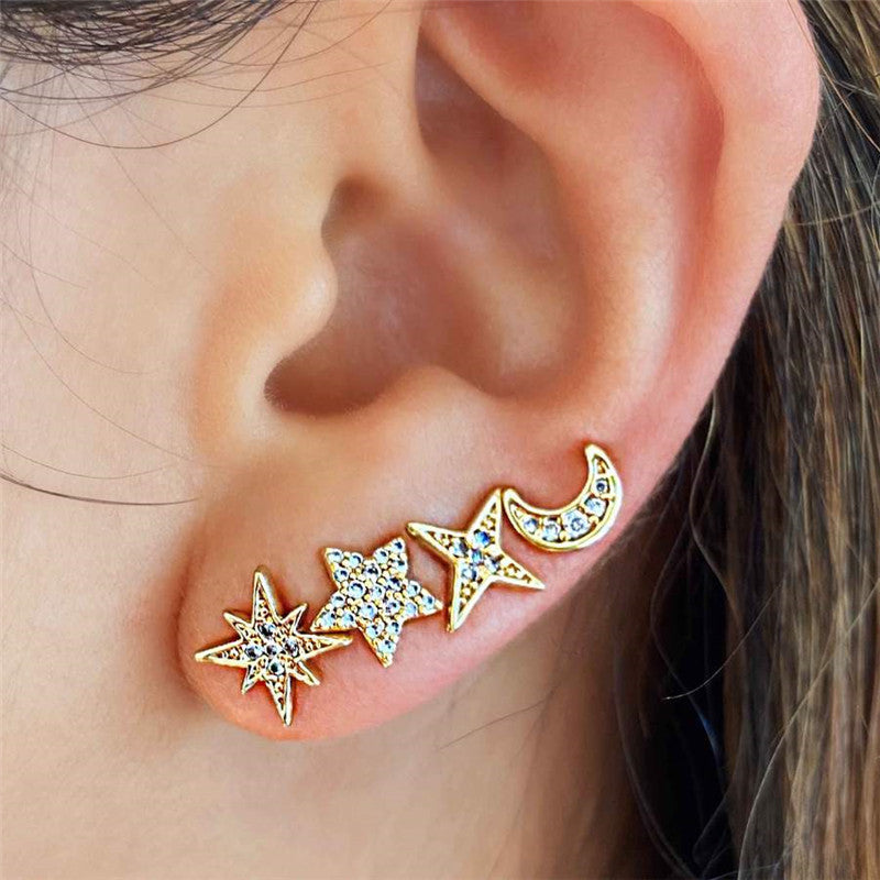 Celestial Earring Stud Set — 4-Piece S925 Silver & CZ Ear