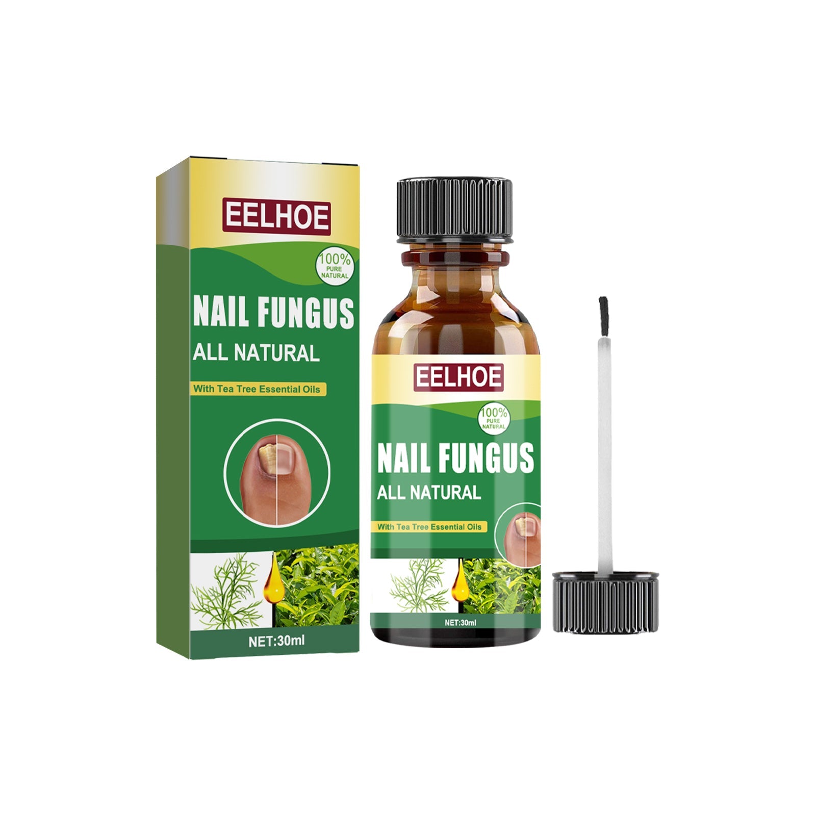 EELHOE Nail Fungus All Natural treatment product display showing decorated box and amber glass bottle with brush applicator