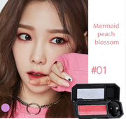 Model wearing Mermaid Peach Blossom eyeshadow #01 with full face makeup, showing peachy-pink shimmer on eyelids and lips in coordinated look
