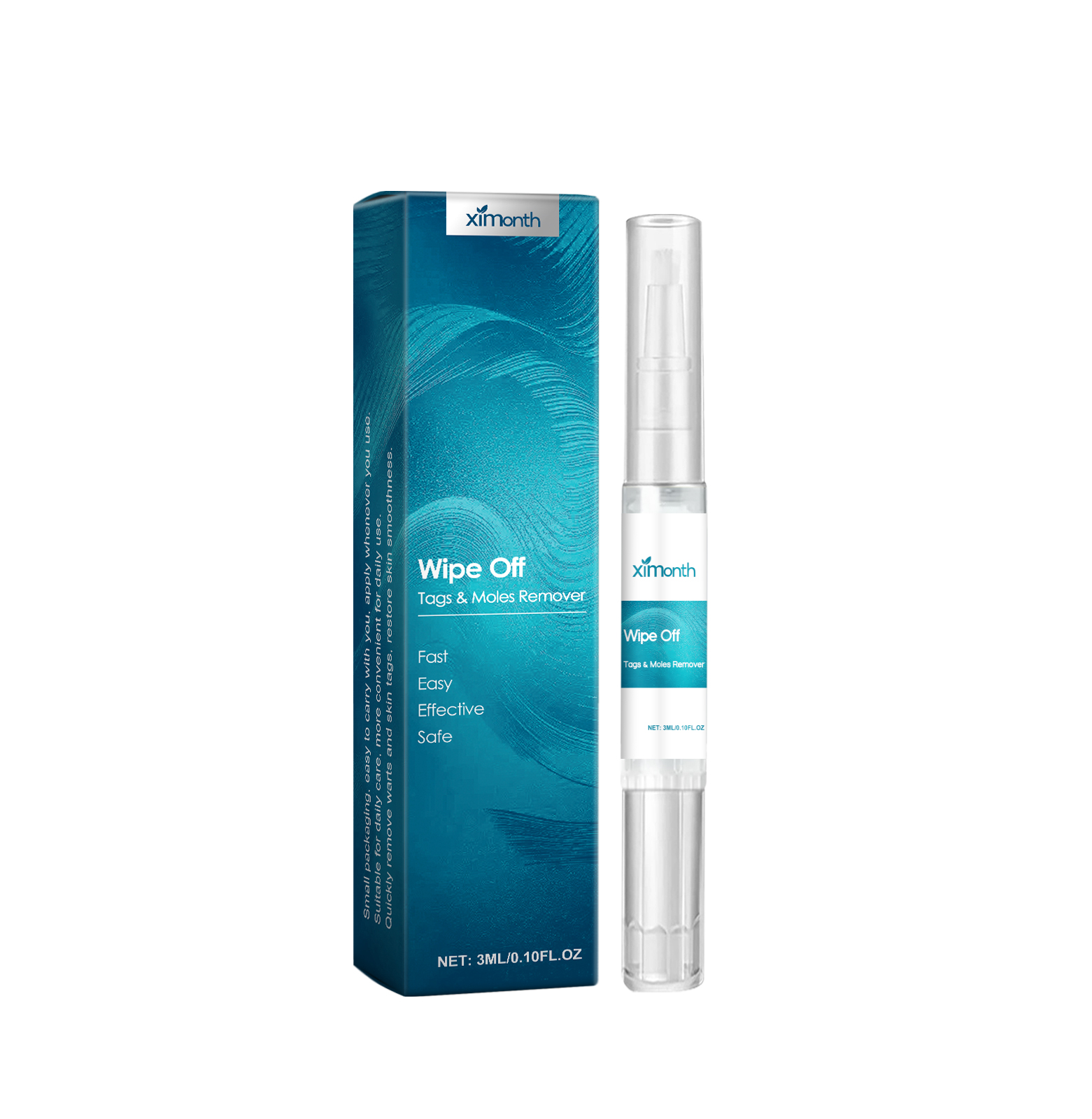 Product packaging and liquid pen applicator displayed against white background with teal wave design
