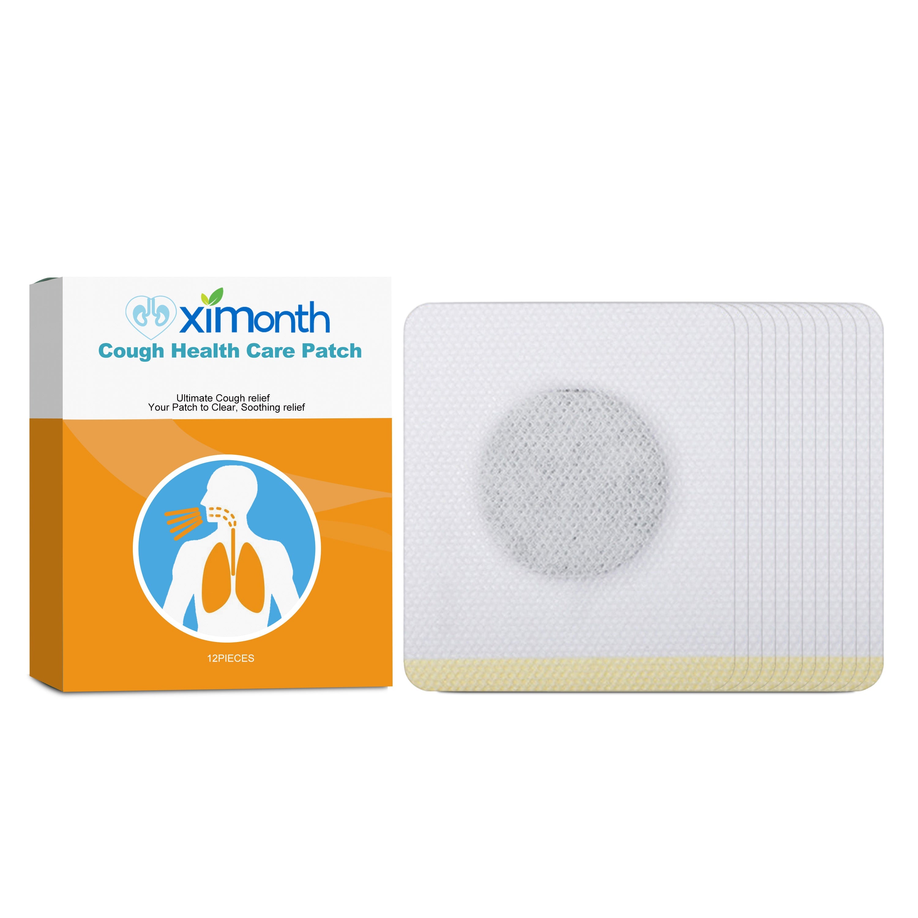 Ximonth Cough Health Care Patch packaging with 12-piece set of beige and gray transdermal patches displayed