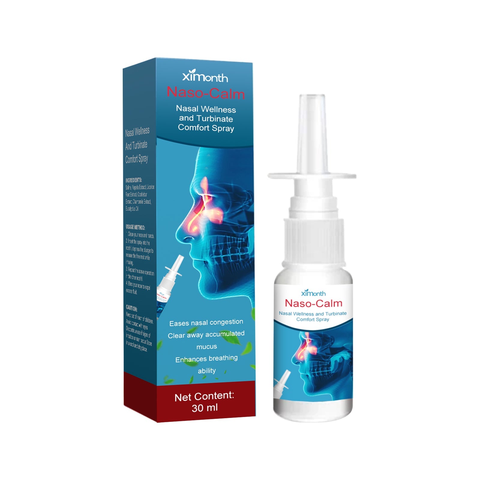 Product display showing Naso-Calm packaging box and spray bottle side-by-side