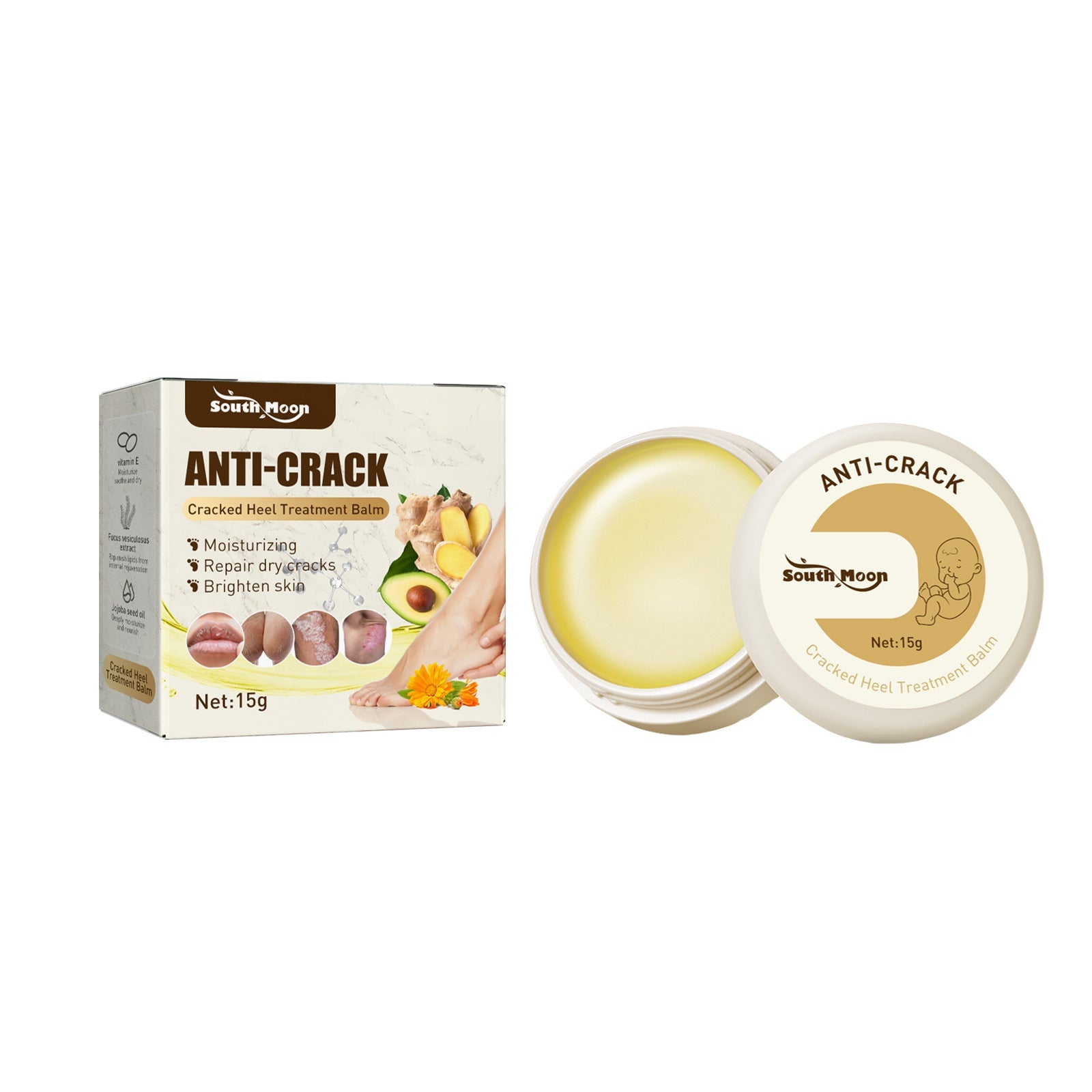 South Moon Anti-Crack Cracked Heel Treatment Balm product shot showing packaging box, open jar with pale yellow balm, and closed lid with product name