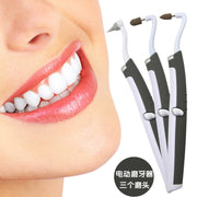 Close-up of bright smiling mouth with pristine white teeth and healthy pink lips next to three white electric teeth grinders with interchangeable heads