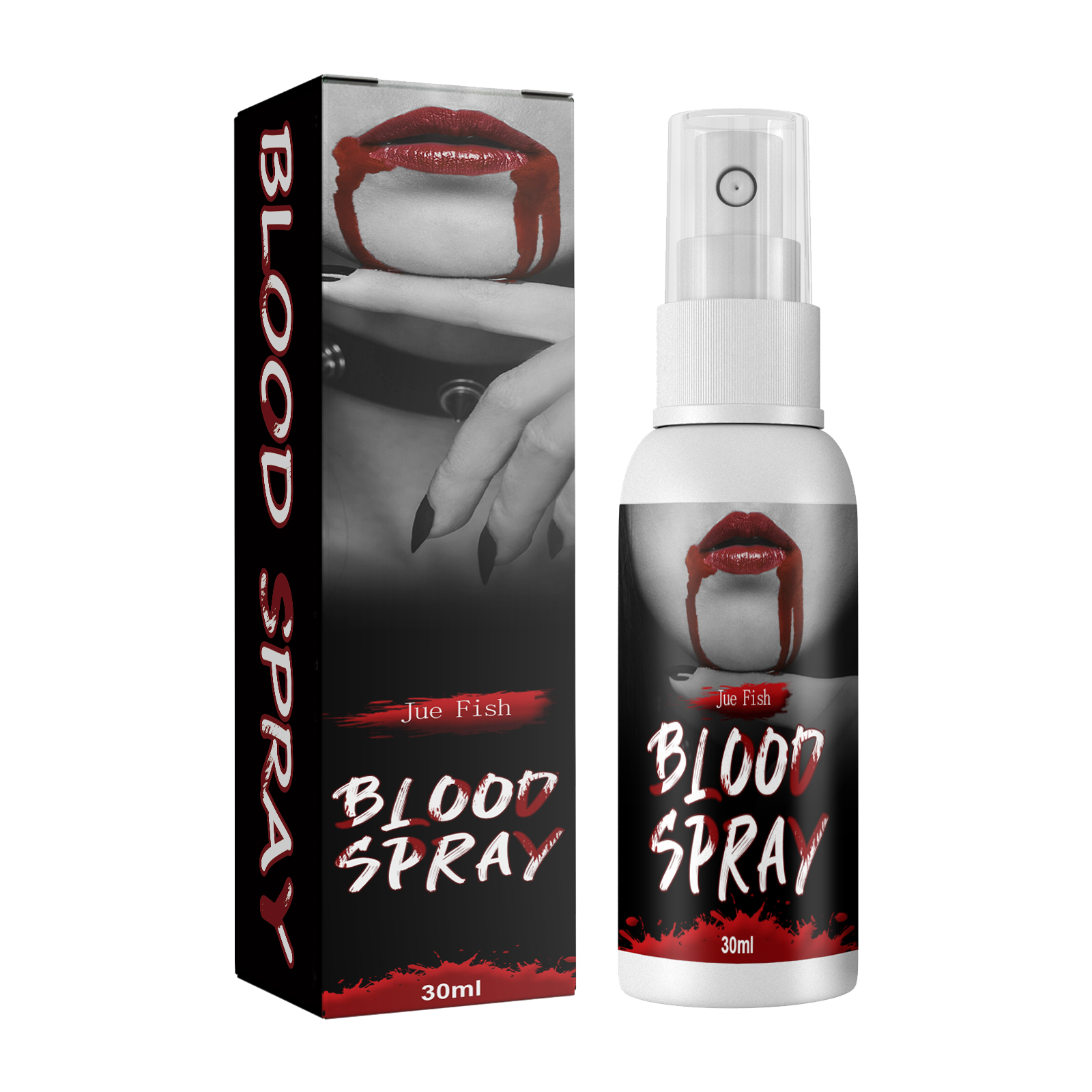 Product packaging and bottle - black box with red blood drip graphic and mouth detail, white spray bottle with product label showing 30ml volume