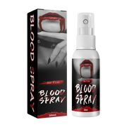 Product packaging and bottle - black box with red blood drip graphic and mouth detail, white spray bottle with product label showing 30ml volume