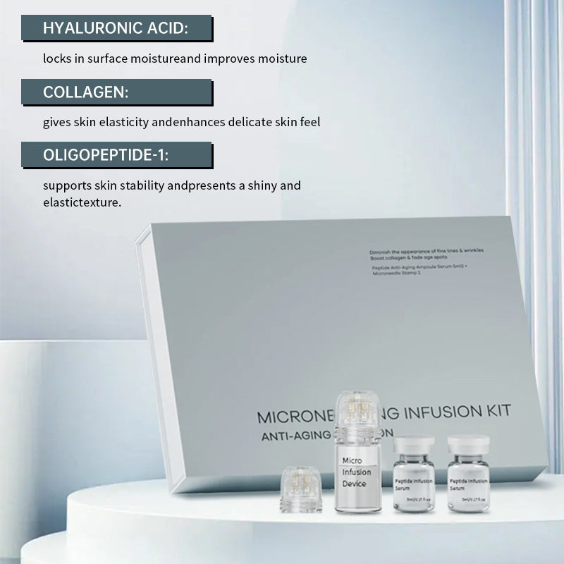 Ingredient showcase with imagery: hyaluronic acid water droplets, glycerin bubbles, collagen gold drop, bitter orange oil with fruit