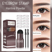 Complete EELHOE Eyebrow Stamp kit with burgundy box, metallic silver applicator, dual brushes, and 10 stencil molds displayed with before/after eye close-ups showing dark grey, dark brown, and medium brown results