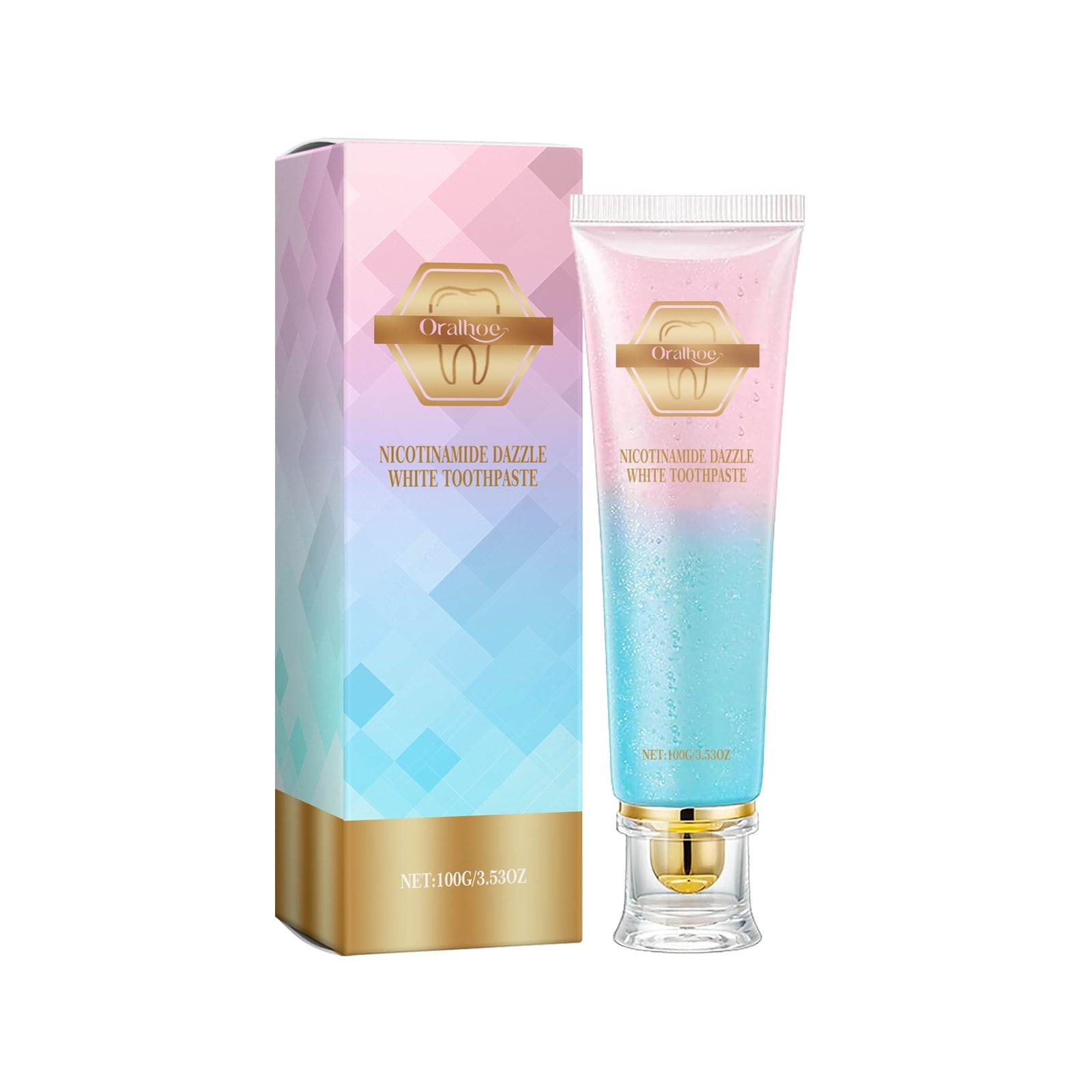 Front-facing product display of Niacinamide Dazzle White Toothpaste showing boxed packaging and tube with ombré pink-to-turquoise gradient design