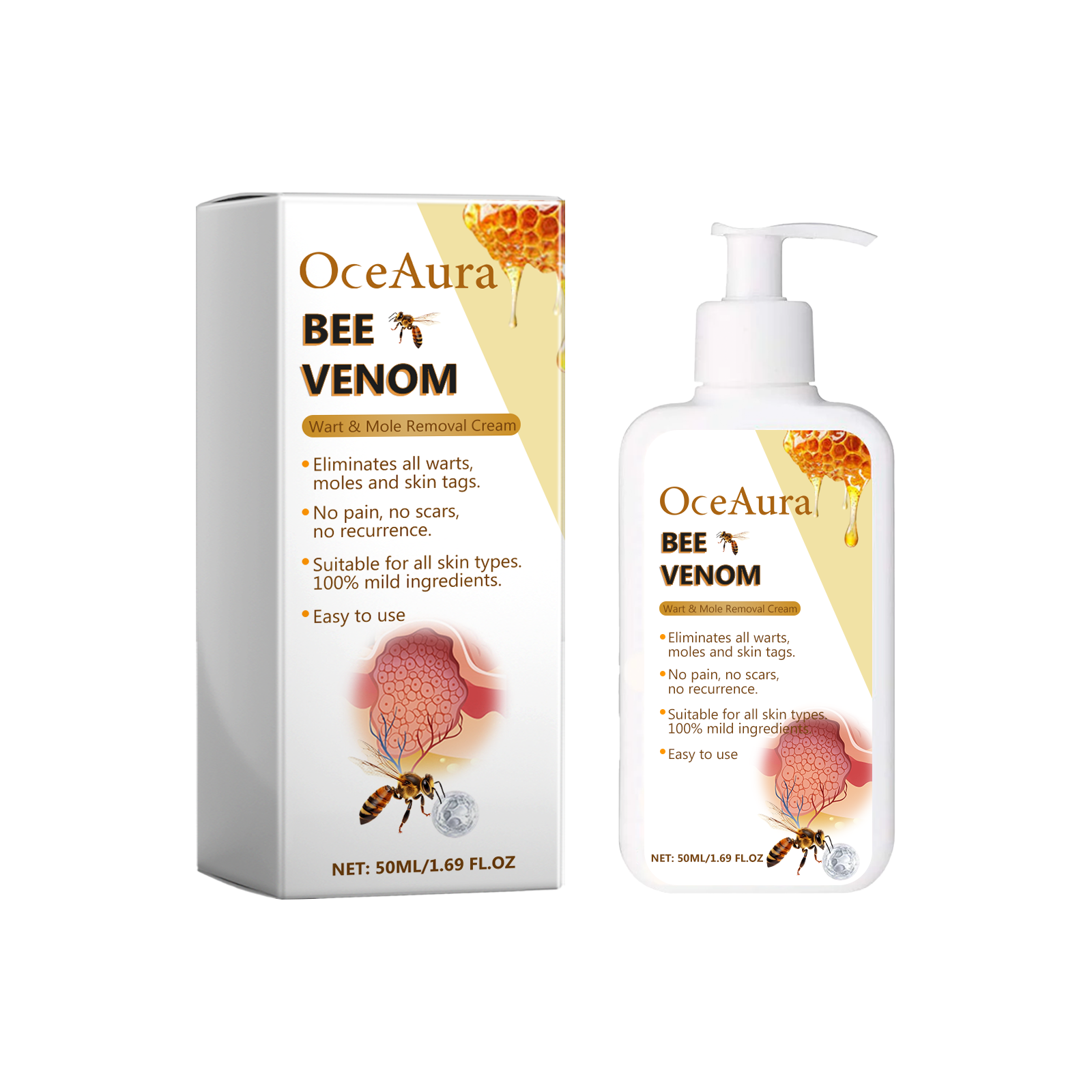 OceAura Bee Venom box and pump bottle displayed together against white background