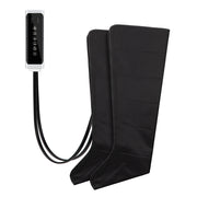 Complete air compression leg massager system with dual black sleeves and white digital control unit connected by dual cords