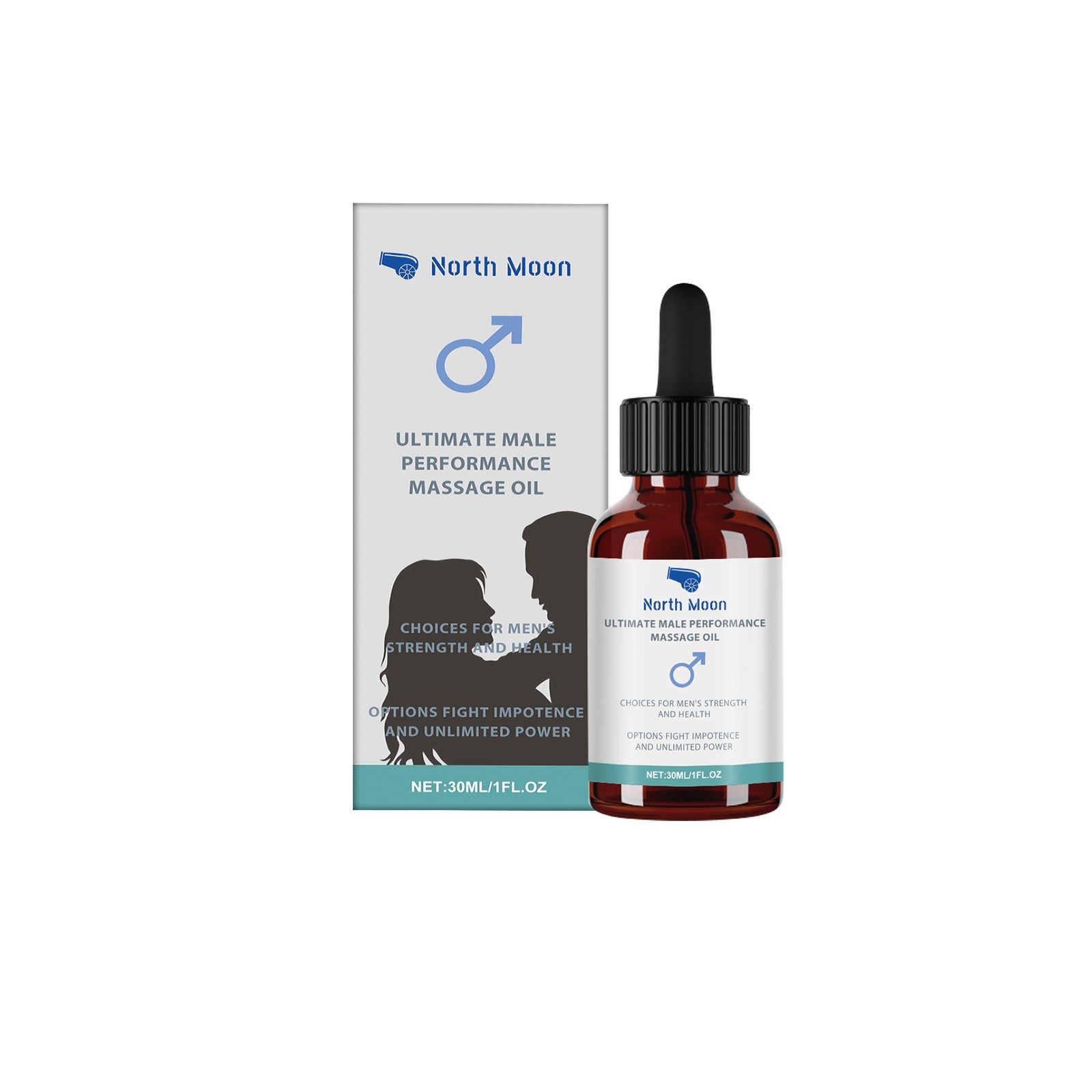 North Moon Ultimate Male Performance Massage Oil 30ml bottle with packaging box on white background