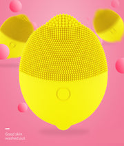Bright neon yellow silicone cleanser device with textured bristle dome against playful pink background with floating bubbles, text reads 'Good skin washed out'