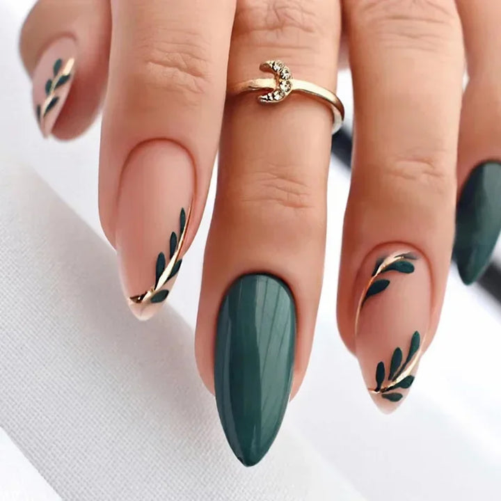 Almond Press-On Nails – Forest Green & Gold Leaf Design
