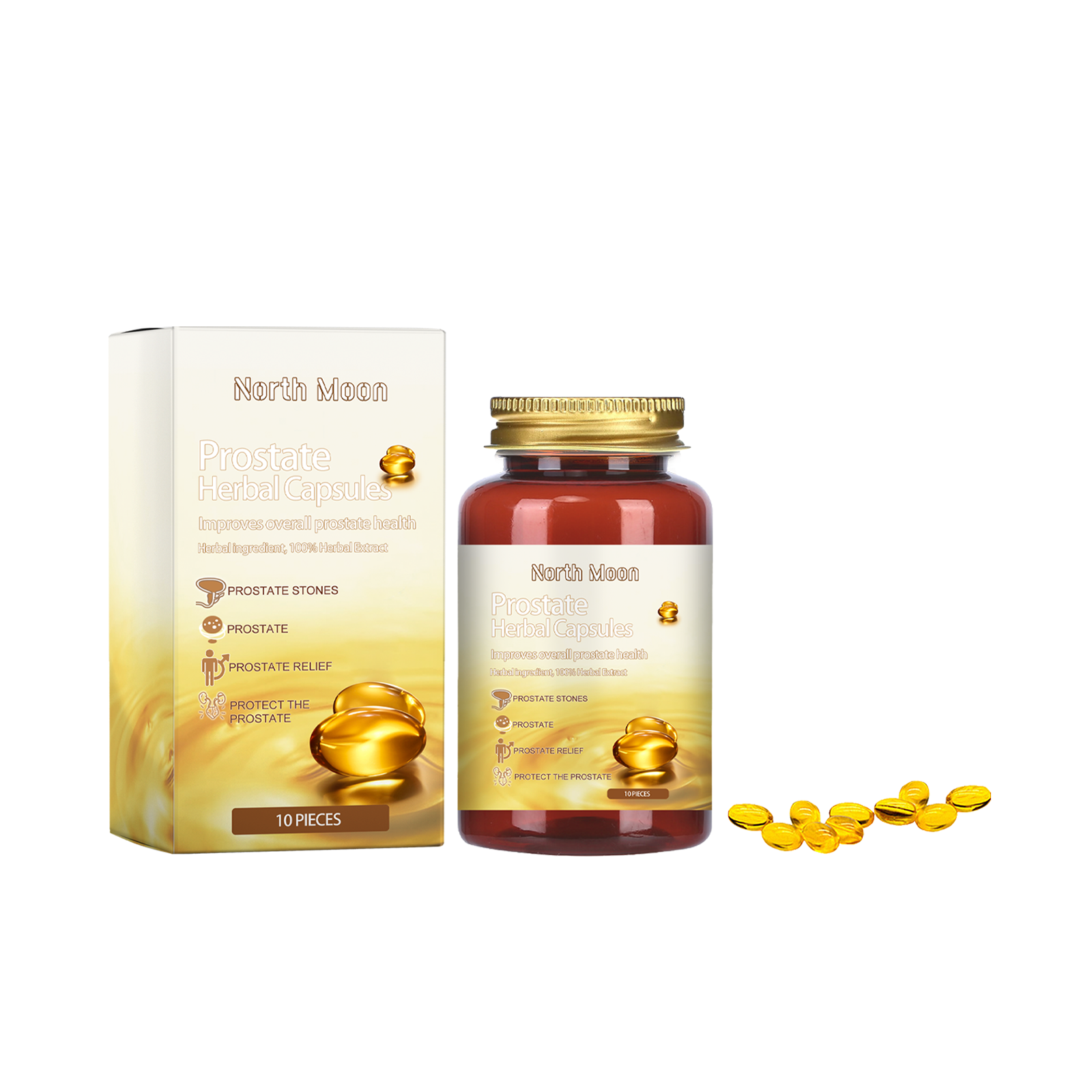 North Moon Prostate Herbal Capsules product display with amber bottle, gold cap, packaged box, and loose golden gel capsules