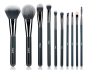All 10 MSQ makeup brushes laid out in a fan arrangement from largest to smallest against a white background, showing dark teal handles with silver ferrules
