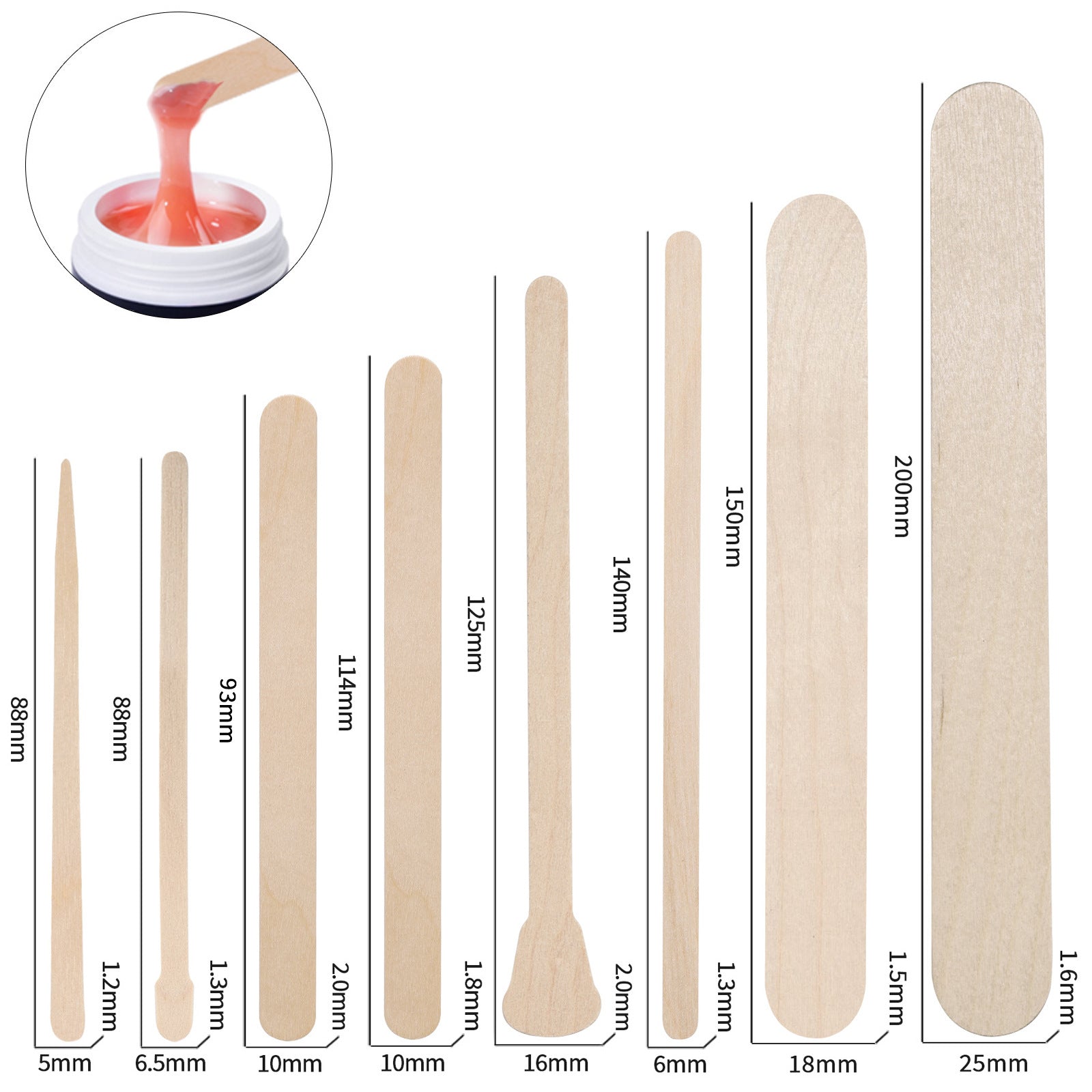 Size chart showing 8 different wooden wax applicator sticks ranging from 88mm to 200mm with width dimensions, alongside an inset showing a stick scooping warm pink wax from a jar