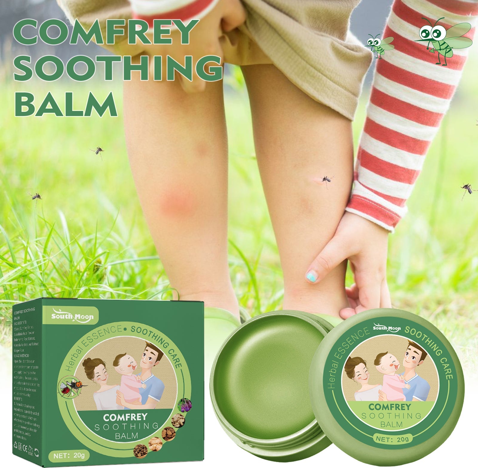 Product display showing green tin with box packaging against outdoor lifestyle background; clear brand identity and product form
