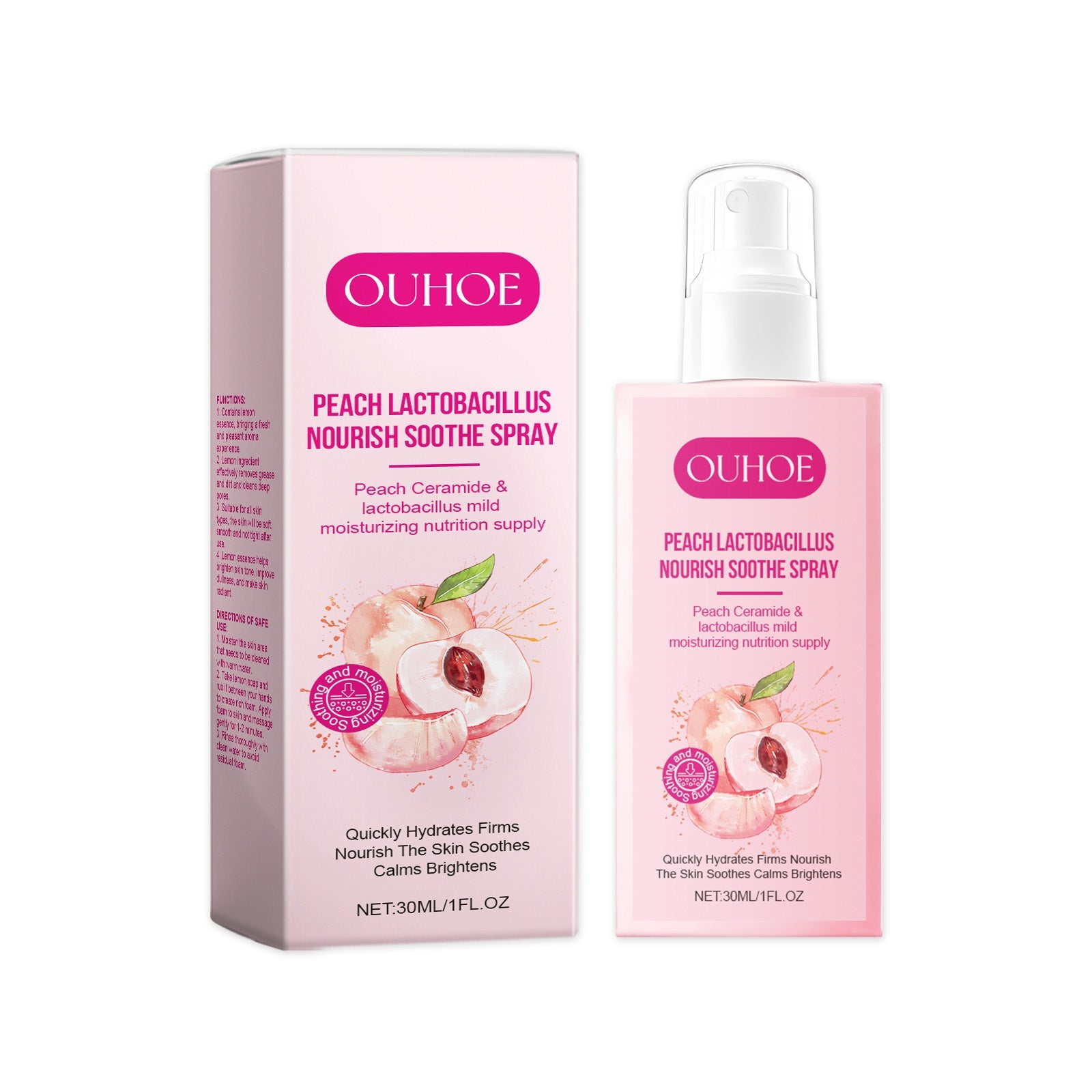 Product packaging and bottle display showing pink box and spray bottle
