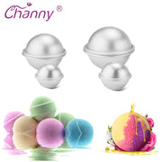 Channy brand aluminum ball molds in two sizes shown assembled, with colorful finished bath bombs displayed below including a decorative rose-themed bomb