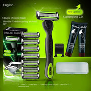 Complete YINGJILI 2.0 grooming system on neon lime background showing razor, blade cartridges, shaving cream tubes, and storage case